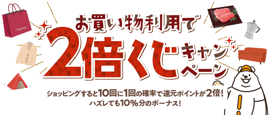 お買い物利用で2倍くじキャンペーン ショッピングすると10回に1回の確率で還元ポイントが2倍！ハズレても10％分のボーナス！